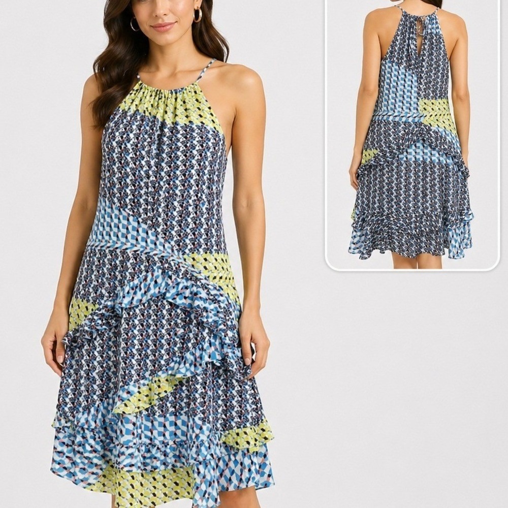 Parker NYC Dress Medium Gia Ruffle Halter Geometric Print Blue Yellow Keyhole